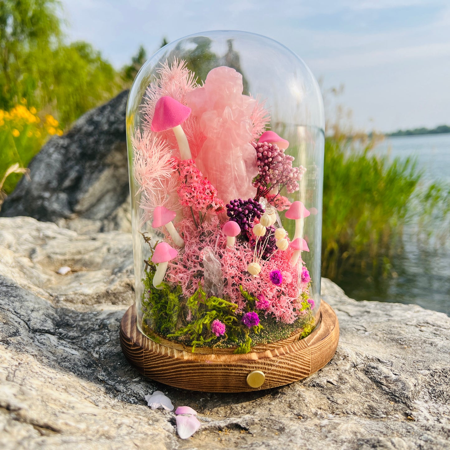 Enchanted Rose Quartz Angel Mushroom Night Light | Eternal Moss Dome for Self-Love & Harmony