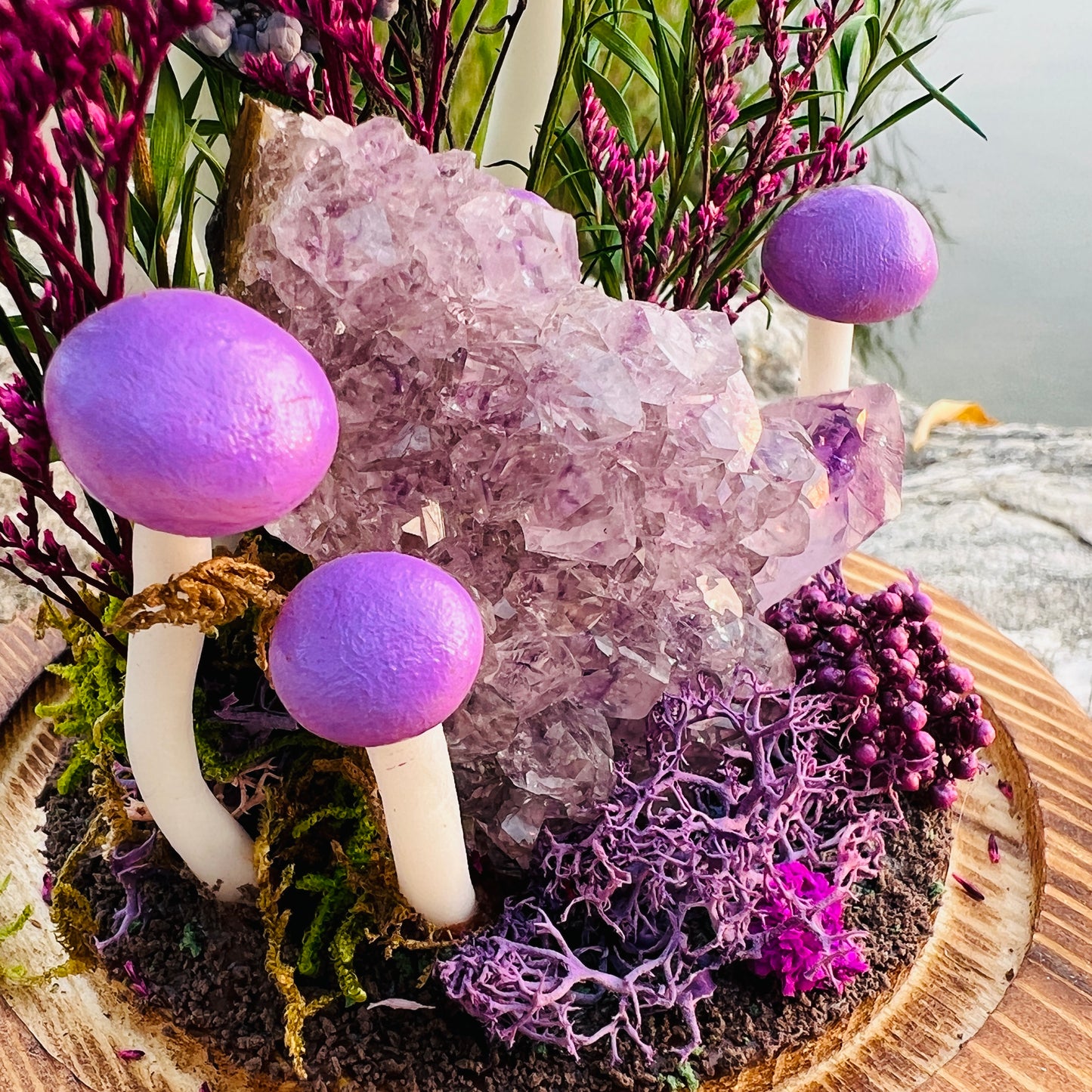 Mystic Grove: Natural Amethyst Raw Cluster & Purple Fairy Mushroom Night Light | Handmade Crystal Mushroom Lamp