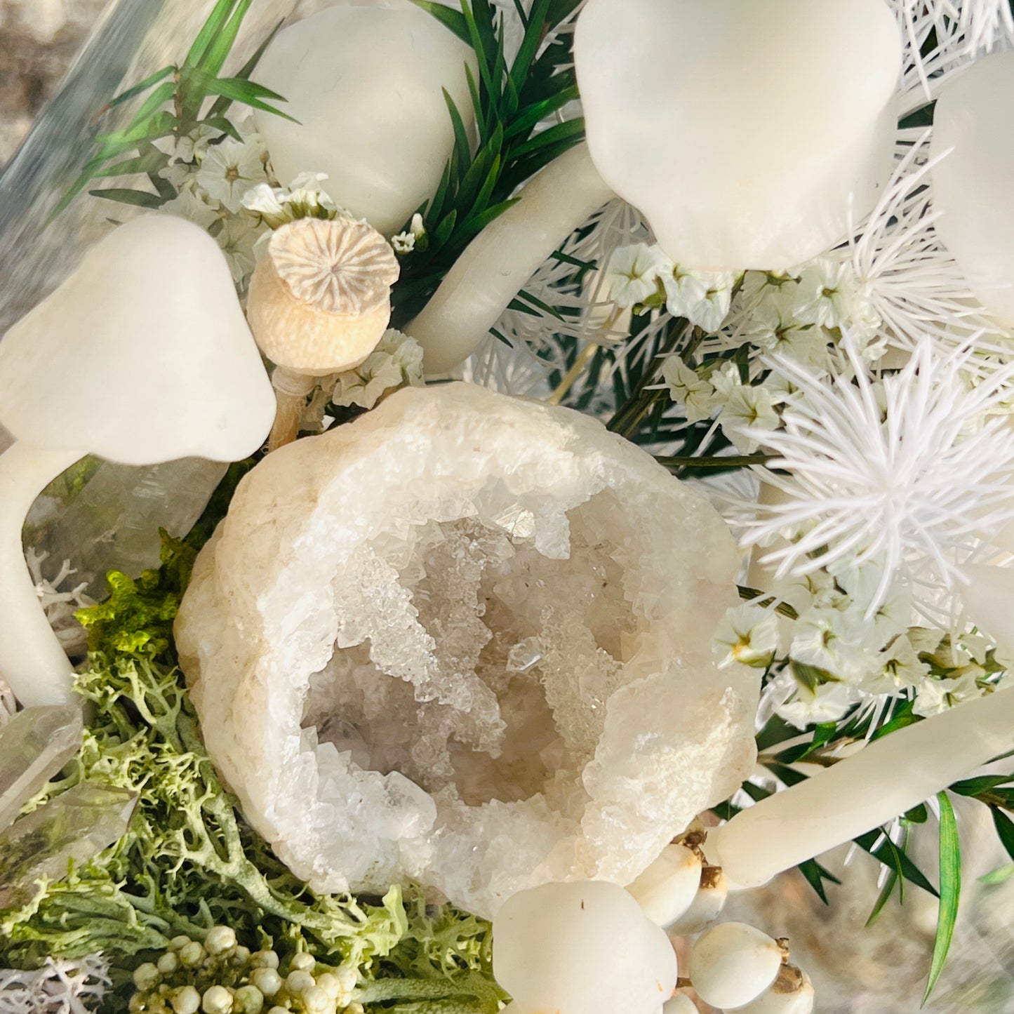 Sacred Hollow: Natural Moroccan Geode & Enchanted Snowy Forest night light | Handmade Crystal Mushroom Lamp