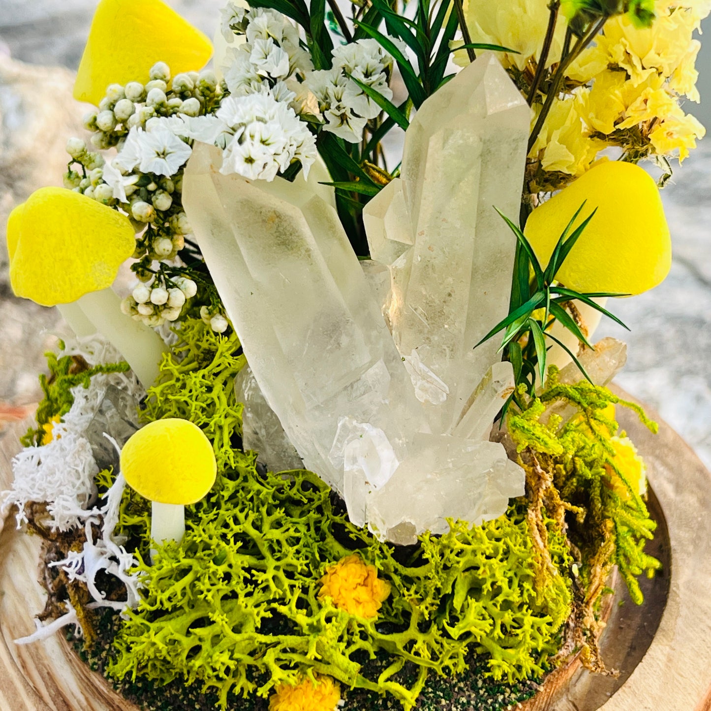 Pure Serenity: Natural Clear Quartz Cluster & Vibrant Green Forest Night Light | Handmade Crystal Mushroom Lamp