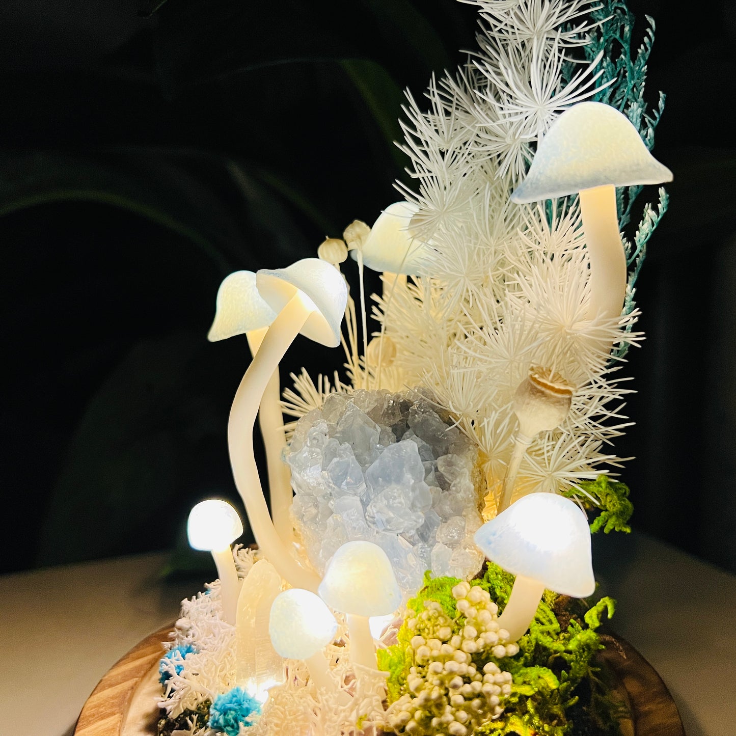 Natural Celestite Cluster & Enchanted Snowy Forest night light | Handmade Crystal Mushroom Lamp