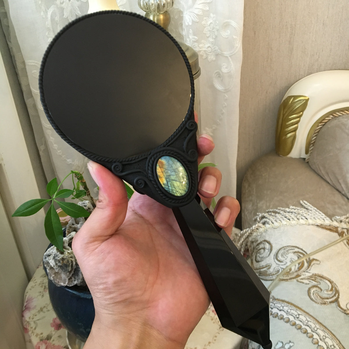 Handmade Natural Black Obsidian Scrying Mirror Wand/Magic Obsidian Witch Wand/Crystal Quartz Wand/Manifest Altar Tool