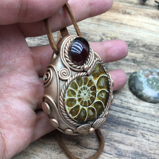 Natural Ammonite Fossil & Blood Amber Pendant Necklace - Handcrafted pendant Jewelry