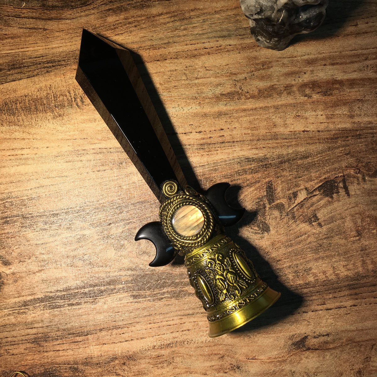 Crystal Altar Bell, Witch Hand Bell, Black obsidian Wand Bell, Pagan Ritual Bell, Gothic Crystal Handbell, Handcrafted Witchy Altar Decor