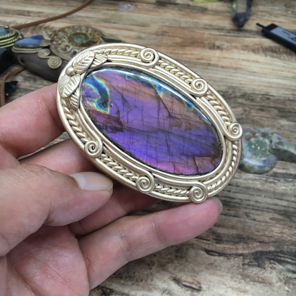 Purple Labradorite Crystal Magic Mirror Ornament - Gothic Altar Decor- Handcrafted crystal