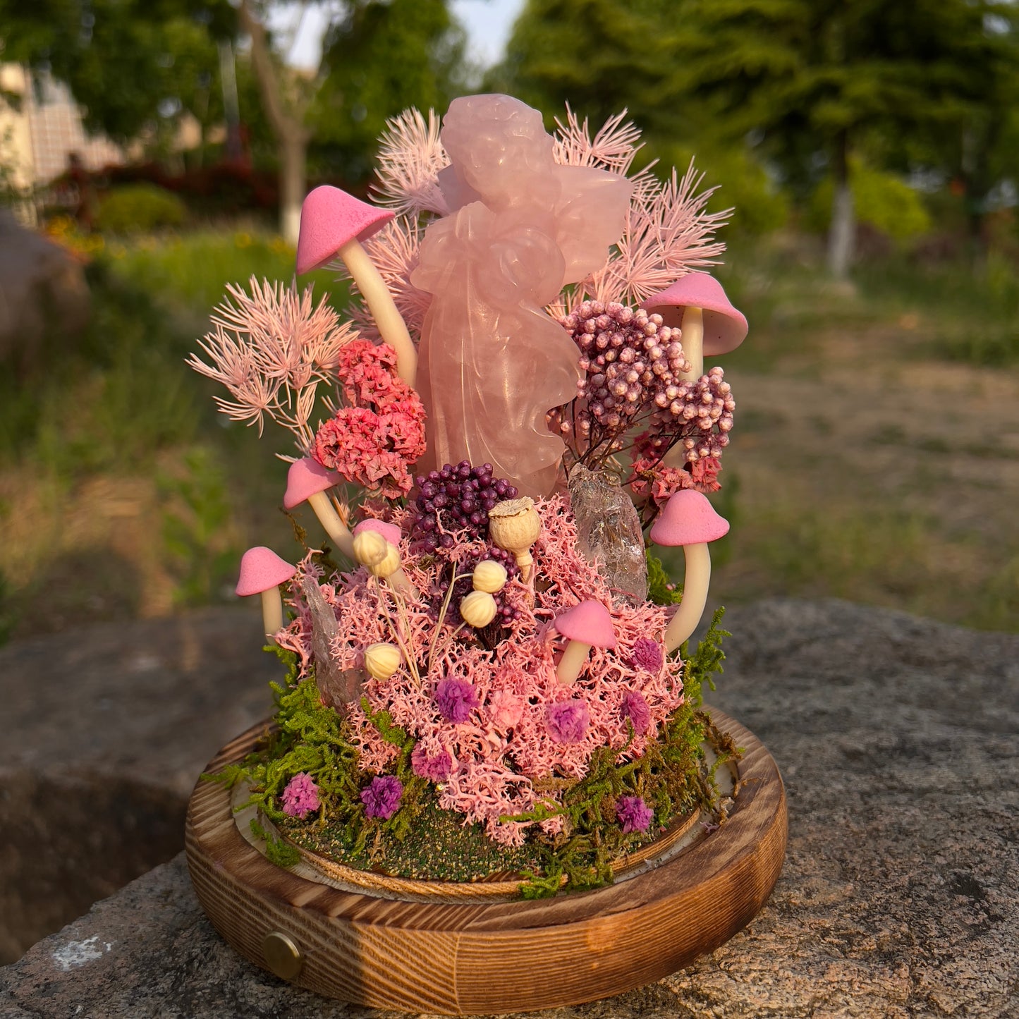 Enchanted Rose Quartz Angel Mushroom Night Light | Eternal Moss Dome for Self-Love & Harmony