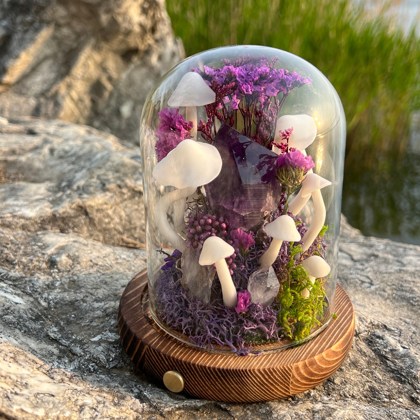 Midnight Muse: Natural Amethyst & Enchanted Twilight Forest Night Light | Handmade Crystal Mushroom Lamp