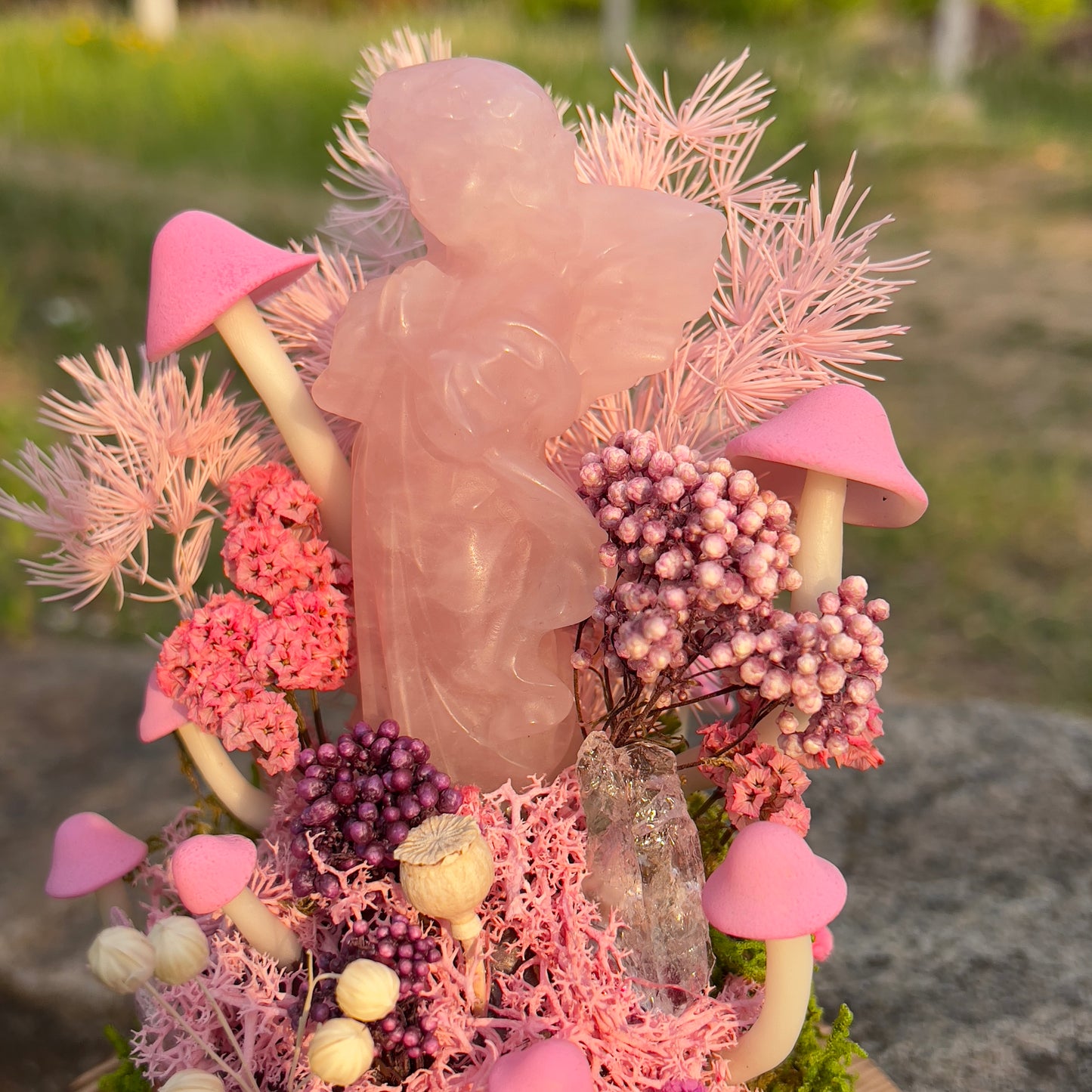 Enchanted Rose Quartz Angel Mushroom Night Light | Eternal Moss Dome for Self-Love & Harmony