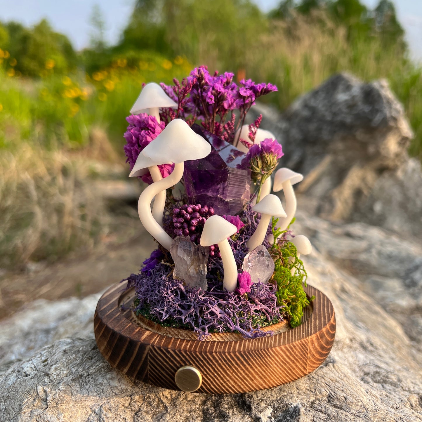 Midnight Muse: Natural Amethyst & Enchanted Twilight Forest Night Light | Handmade Crystal Mushroom Lamp