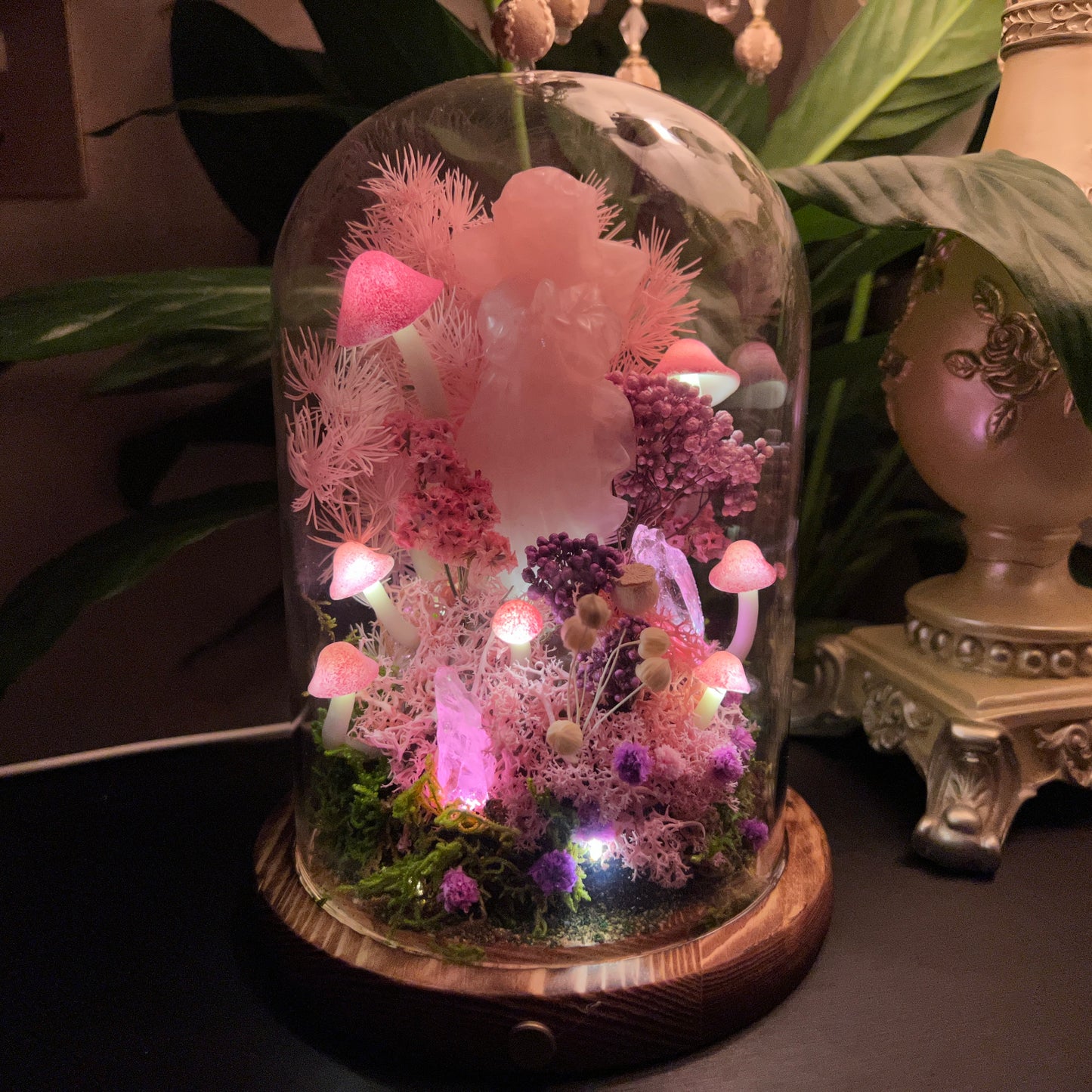 Enchanted Rose Quartz Angel Mushroom Night Light | Eternal Moss Dome for Self-Love & Harmony