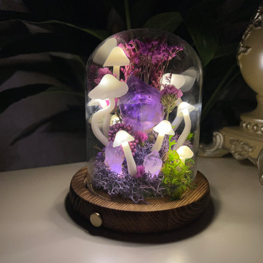 Midnight Muse: Natural Amethyst & Enchanted Twilight Forest Night Light | Handmade Crystal Mushroom Lamp