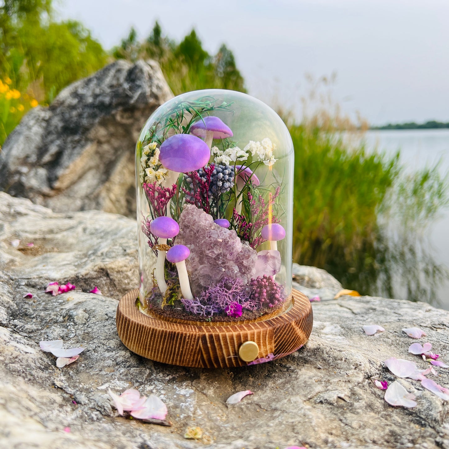 Mystic Grove: Natural Amethyst Raw Cluster & Purple Fairy Mushroom Night Light | Handmade Crystal Mushroom Lamp