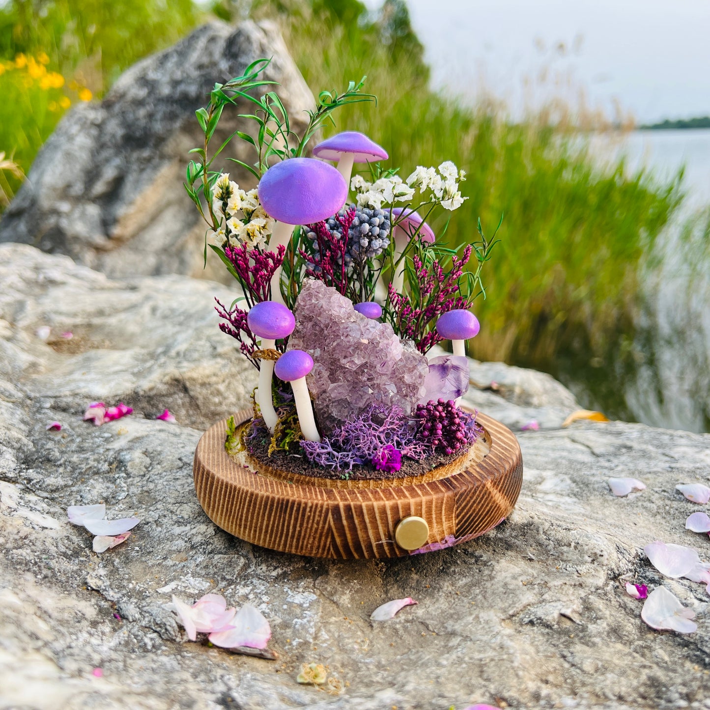Mystic Grove: Natural Amethyst Raw Cluster & Purple Fairy Mushroom Night Light | Handmade Crystal Mushroom Lamp