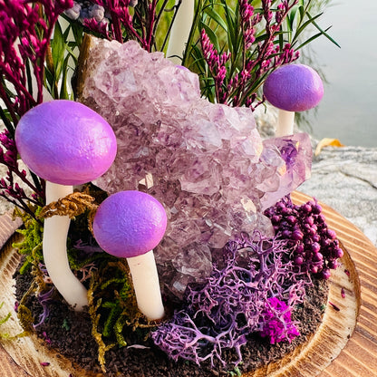 Mystic Grove: Natural Amethyst Raw Cluster & Purple Fairy Mushroom Night Light | Handmade Crystal Mushroom Lamp