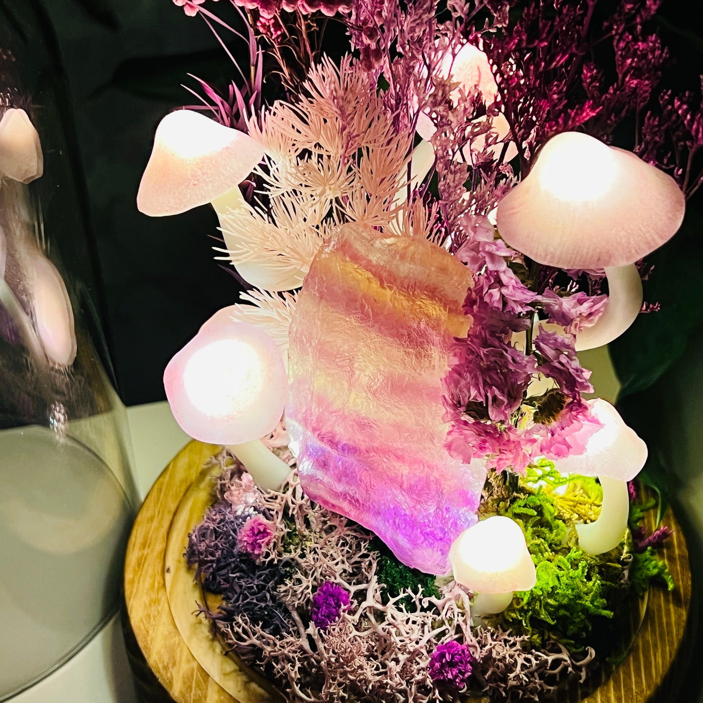 Wisdom's Glow: Natural Fluorite Rough & Enchanted Deep Forest night light | Handmade Crystal Mushroom Lamp
