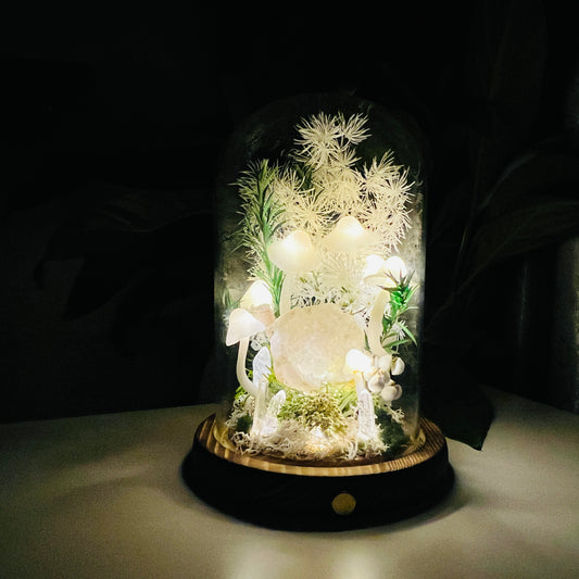 Sacred Hollow: Natural Moroccan Geode & Enchanted Snowy Forest night light | Handmade Crystal Mushroom Lamp