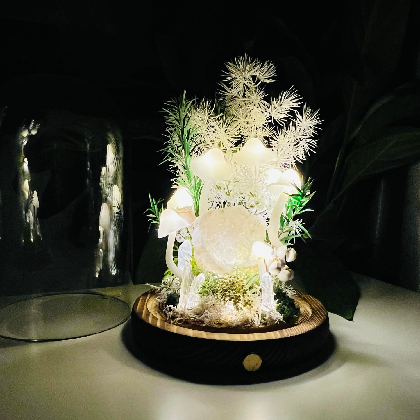 Sacred Hollow: Natural Moroccan Geode & Enchanted Snowy Forest night light | Handmade Crystal Mushroom Lamp