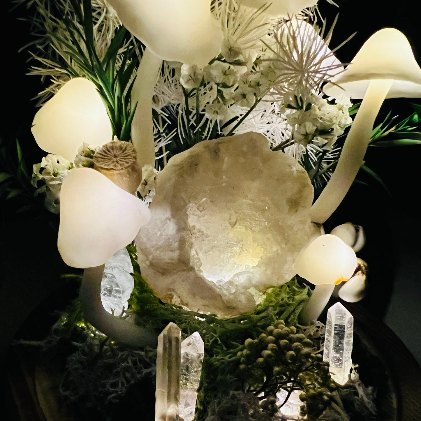 Sacred Hollow: Natural Moroccan Geode & Enchanted Snowy Forest night light | Handmade Crystal Mushroom Lamp