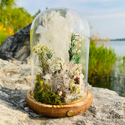 Eternal Light Guardian: Clear Quartz Angel & Mushroom Forest Preserved Flower Night Light