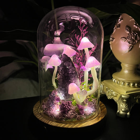 Amethyst Enchanted Forest | Natural Amethyst Cluster Mushroom Night Light, Healing Energy Glass Dome Lamp