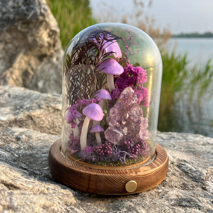 Twilight Serenity: Natural Amethyst Cluster & Eternal Deep Forest Night Light | Handmade Crystal Mushroom Lamp