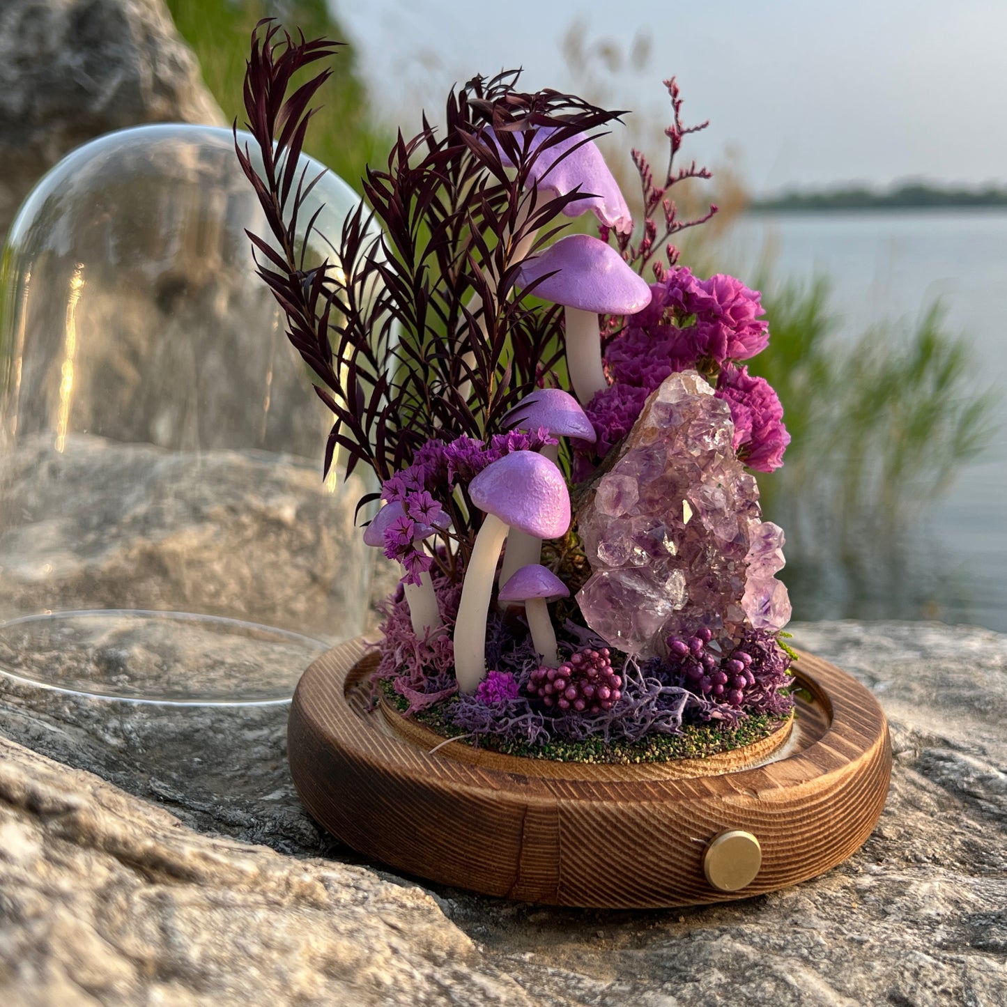 Twilight Serenity: Natural Amethyst Cluster & Eternal Deep Forest Night Light | Handmade Crystal Mushroom Lamp