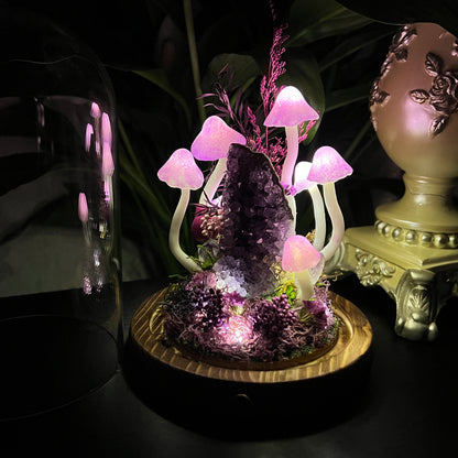 Amethyst Enchanted Forest | Natural Amethyst Cluster Mushroom Night Light, Healing Energy Glass Dome Lamp