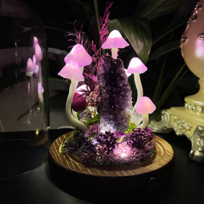 Amethyst Enchanted Forest | Natural Amethyst Cluster Mushroom Night Light, Healing Energy Glass Dome Lamp