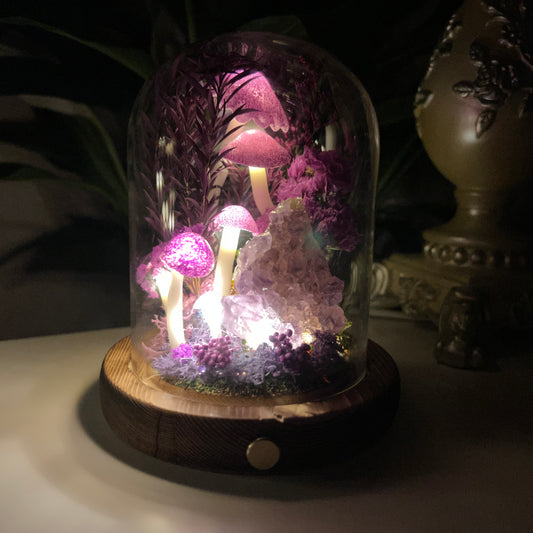 Twilight Serenity: Natural Amethyst Cluster & Eternal Deep Forest Night Light | Handmade Crystal Mushroom Lamp