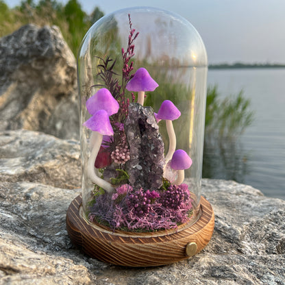 Amethyst Enchanted Forest | Natural Amethyst Cluster Mushroom Night Light, Healing Energy Glass Dome Lamp