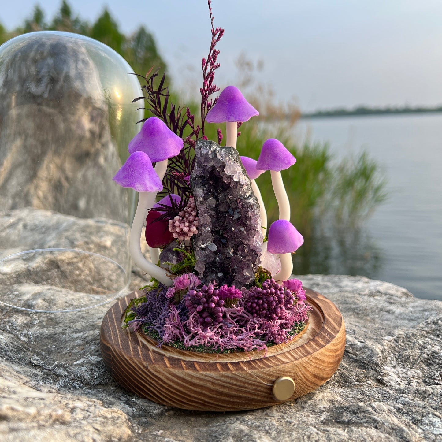 Amethyst Enchanted Forest | Natural Amethyst Cluster Mushroom Night Light, Healing Energy Glass Dome Lamp