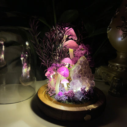 Twilight Serenity: Natural Amethyst Cluster & Eternal Deep Forest Night Light | Handmade Crystal Mushroom Lamp