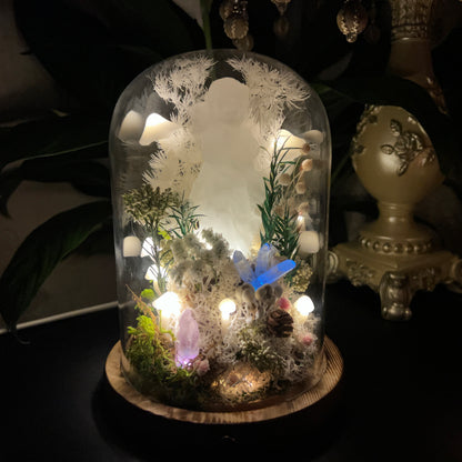 Eternal Light Guardian: Clear Quartz Angel & Mushroom Forest Preserved Flower Night Light