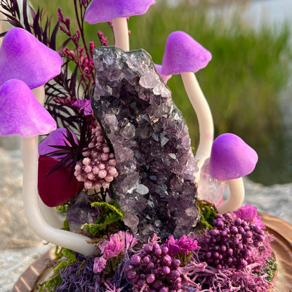 Amethyst Enchanted Forest | Natural Amethyst Cluster Mushroom Night Light, Healing Energy Glass Dome Lamp