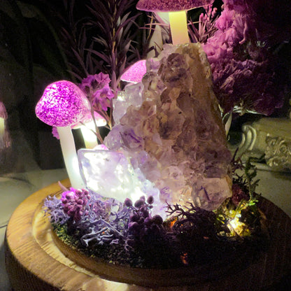 Twilight Serenity: Natural Amethyst Cluster & Eternal Deep Forest Night Light | Handmade Crystal Mushroom Lamp