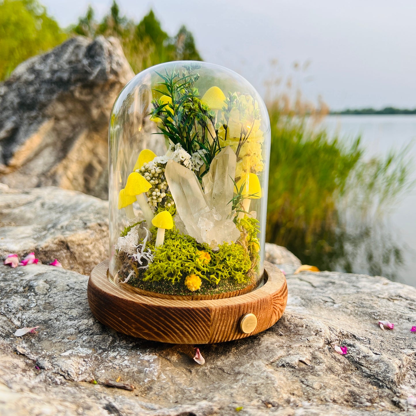 Pure Serenity: Natural Clear Quartz Cluster & Vibrant Green Forest Night Light | Handmade Crystal Mushroom Lamp