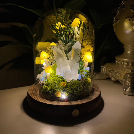 Pure Serenity: Natural Clear Quartz Cluster & Vibrant Green Forest Night Light | Handmade Crystal Mushroom Lamp