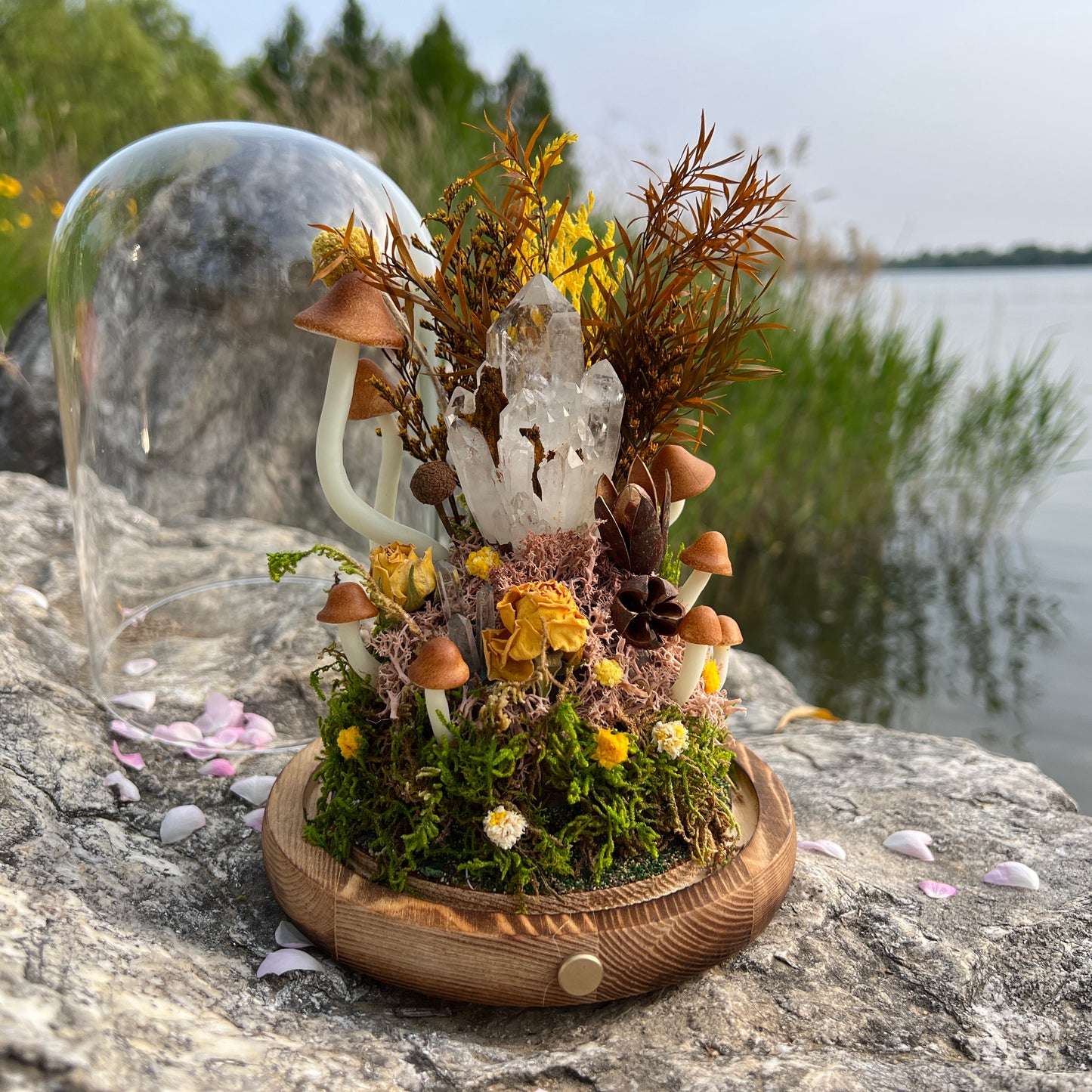 Raw Clear Quartz Cluster Night Light | Enchanted Forest Dome with Glowing Mushrooms
