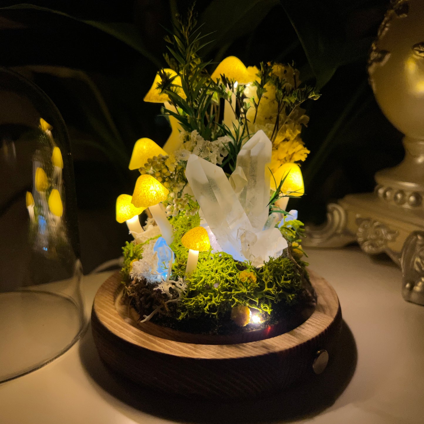 Pure Serenity: Natural Clear Quartz Cluster & Vibrant Green Forest Night Light | Handmade Crystal Mushroom Lamp