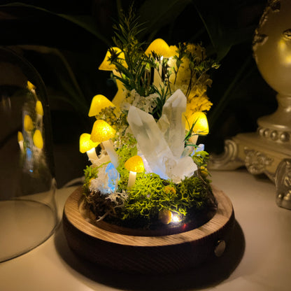 Pure Serenity: Natural Clear Quartz Cluster & Vibrant Green Forest Night Light | Handmade Crystal Mushroom Lamp