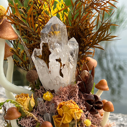 Raw Clear Quartz Cluster Night Light | Enchanted Forest Dome with Glowing Mushrooms