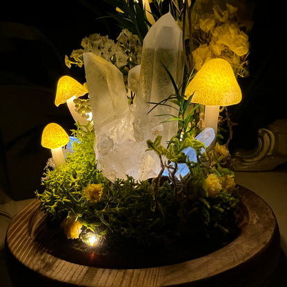 Pure Serenity: Natural Clear Quartz Cluster & Vibrant Green Forest Night Light | Handmade Crystal Mushroom Lamp