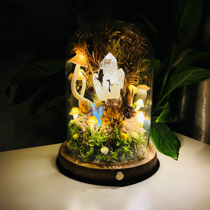 Raw Clear Quartz Cluster Night Light | Enchanted Forest Dome with Glowing Mushrooms