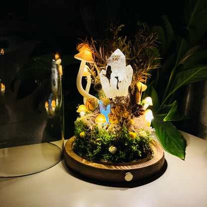 Raw Clear Quartz Cluster Night Light | Enchanted Forest Dome with Glowing Mushrooms