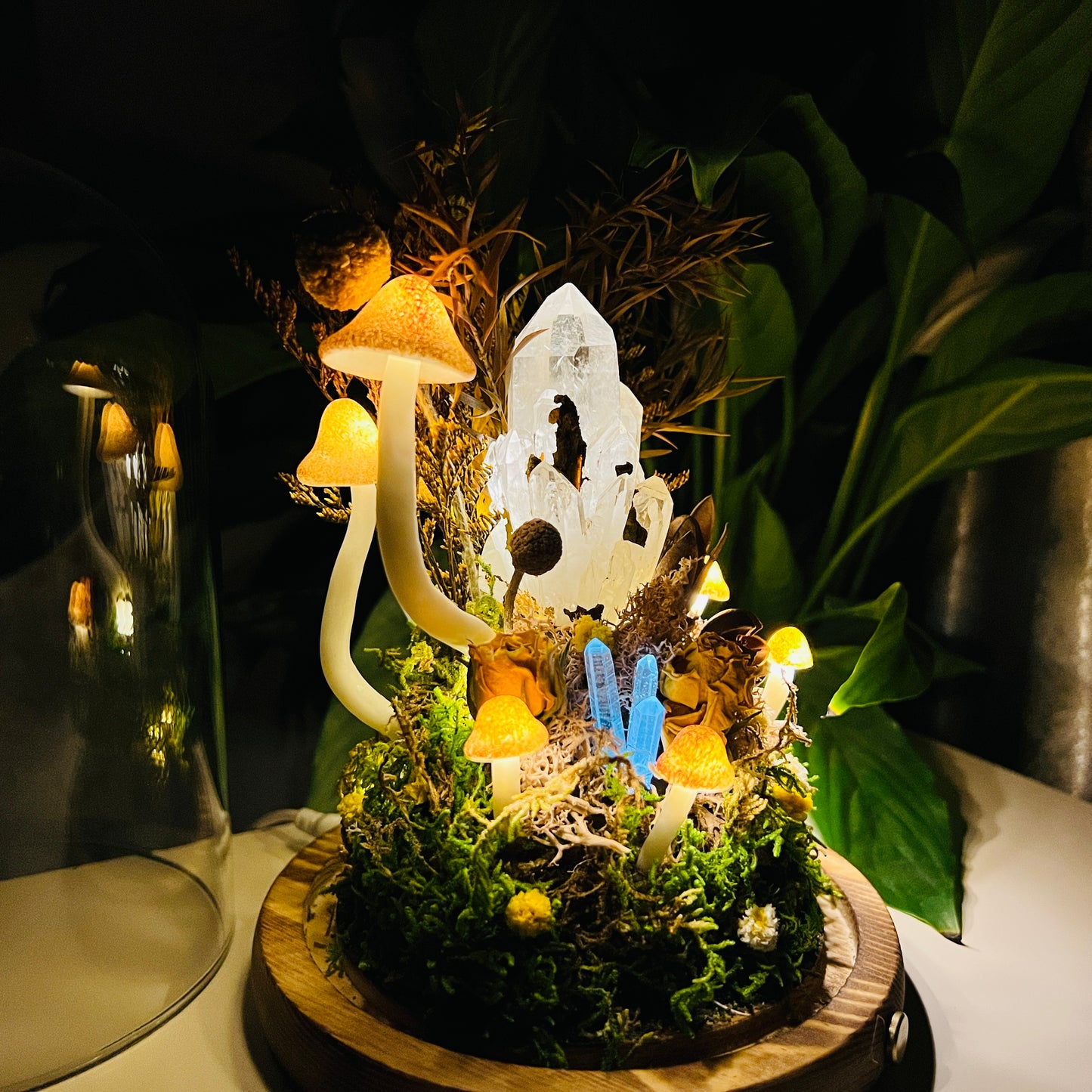 Raw Clear Quartz Cluster Night Light | Enchanted Forest Dome with Glowing Mushrooms