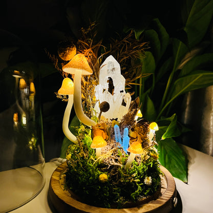 Raw Clear Quartz Cluster Night Light | Enchanted Forest Dome with Glowing Mushrooms