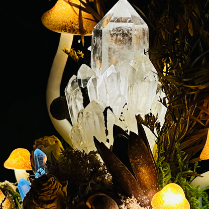 Raw Clear Quartz Cluster Night Light | Enchanted Forest Dome with Glowing Mushrooms