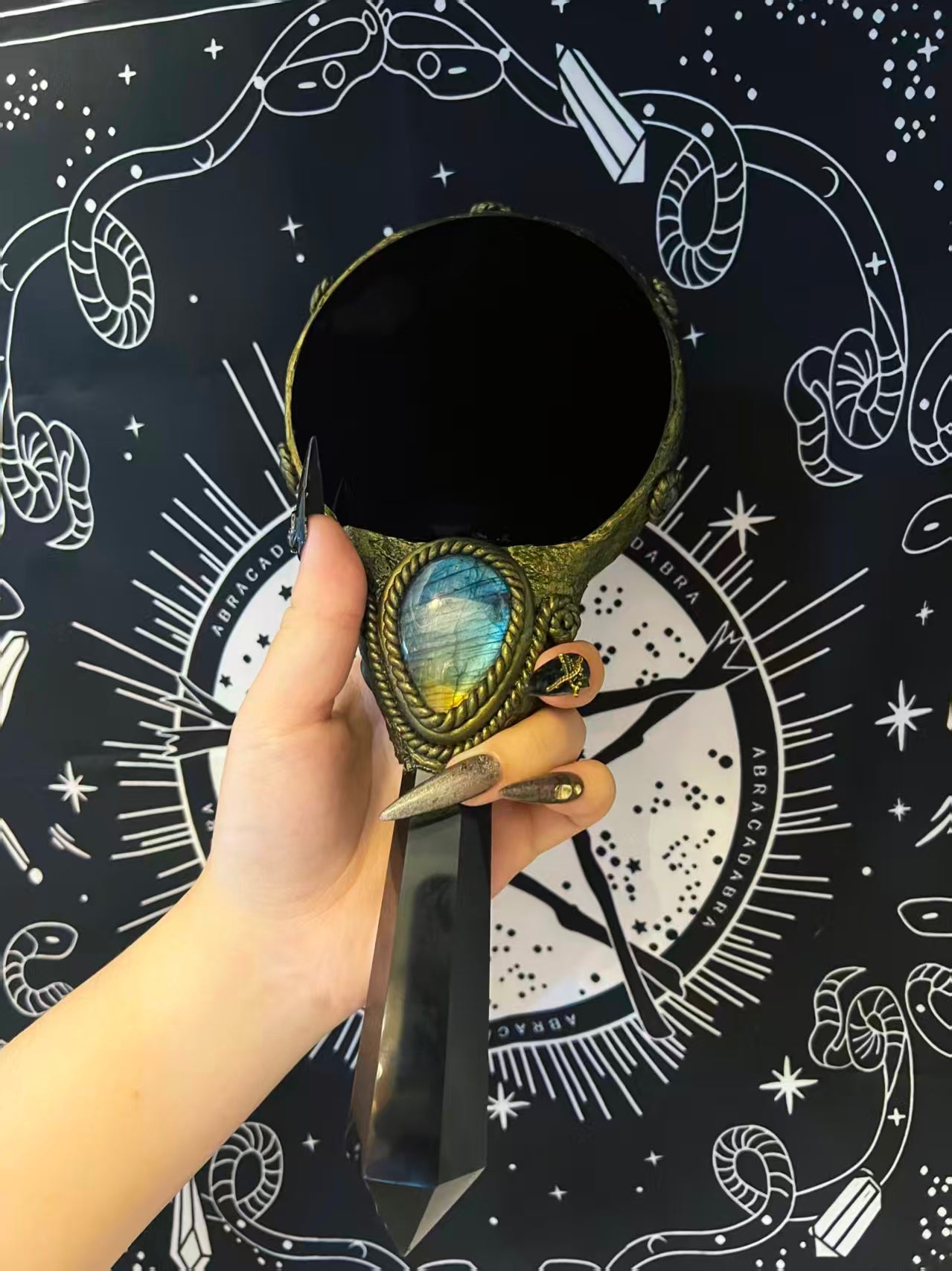 Handmade Natural Black Obsidian Scrying Mirror Wand/Magic Obsidian Witch Wand/Crystal Quartz Wand/Manifest Altar Tool