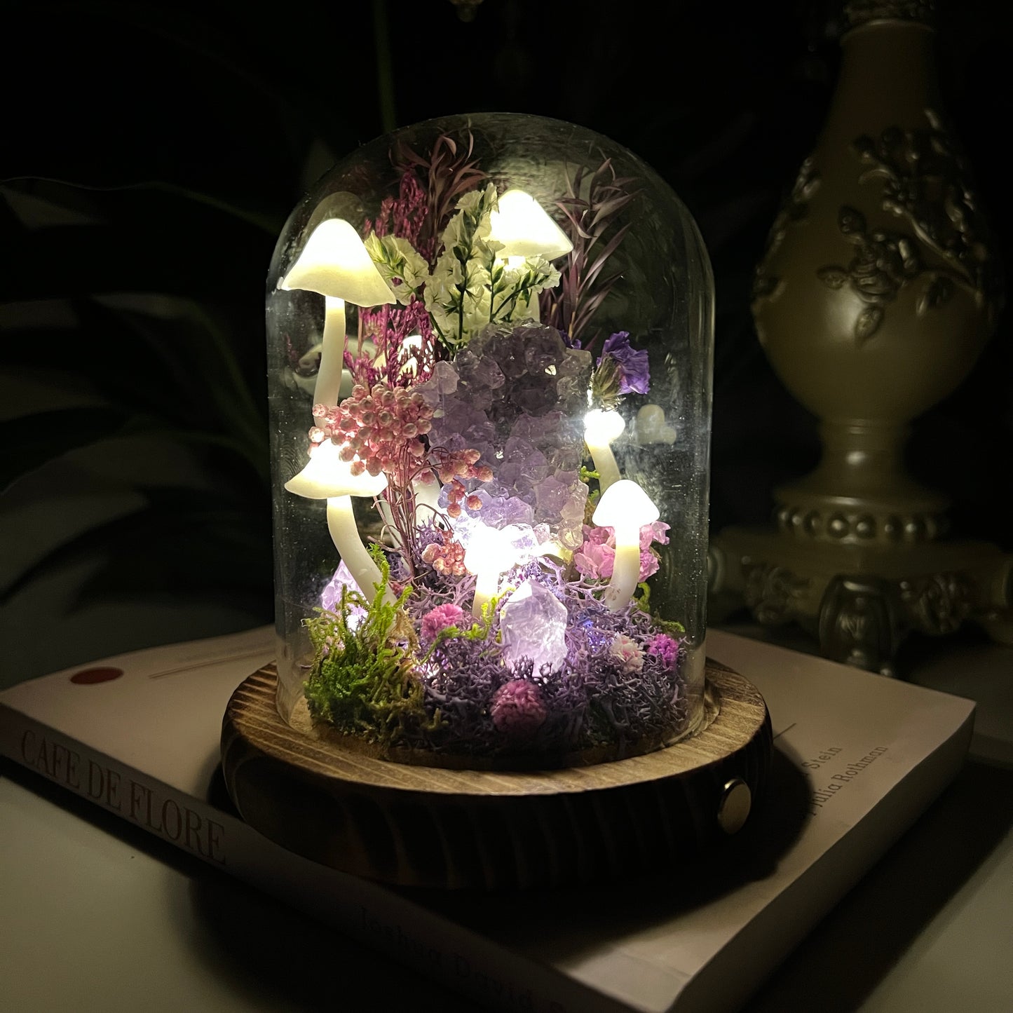 Enchanted Twilight: Natural Amethyst Cluster & Purple Mystic Forest Night Light | Handmade Crystal Mushroom Lamp