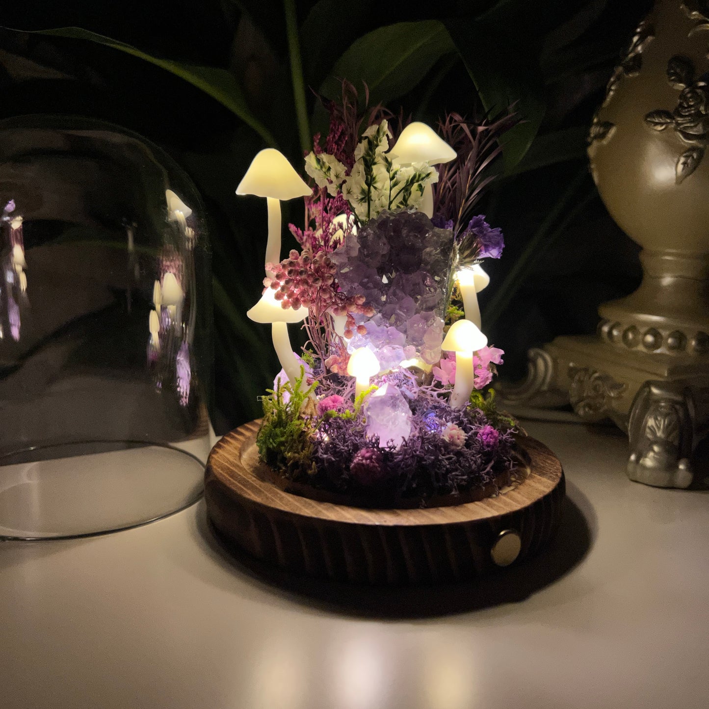 Enchanted Twilight: Natural Amethyst Cluster & Purple Mystic Forest Night Light | Handmade Crystal Mushroom Lamp